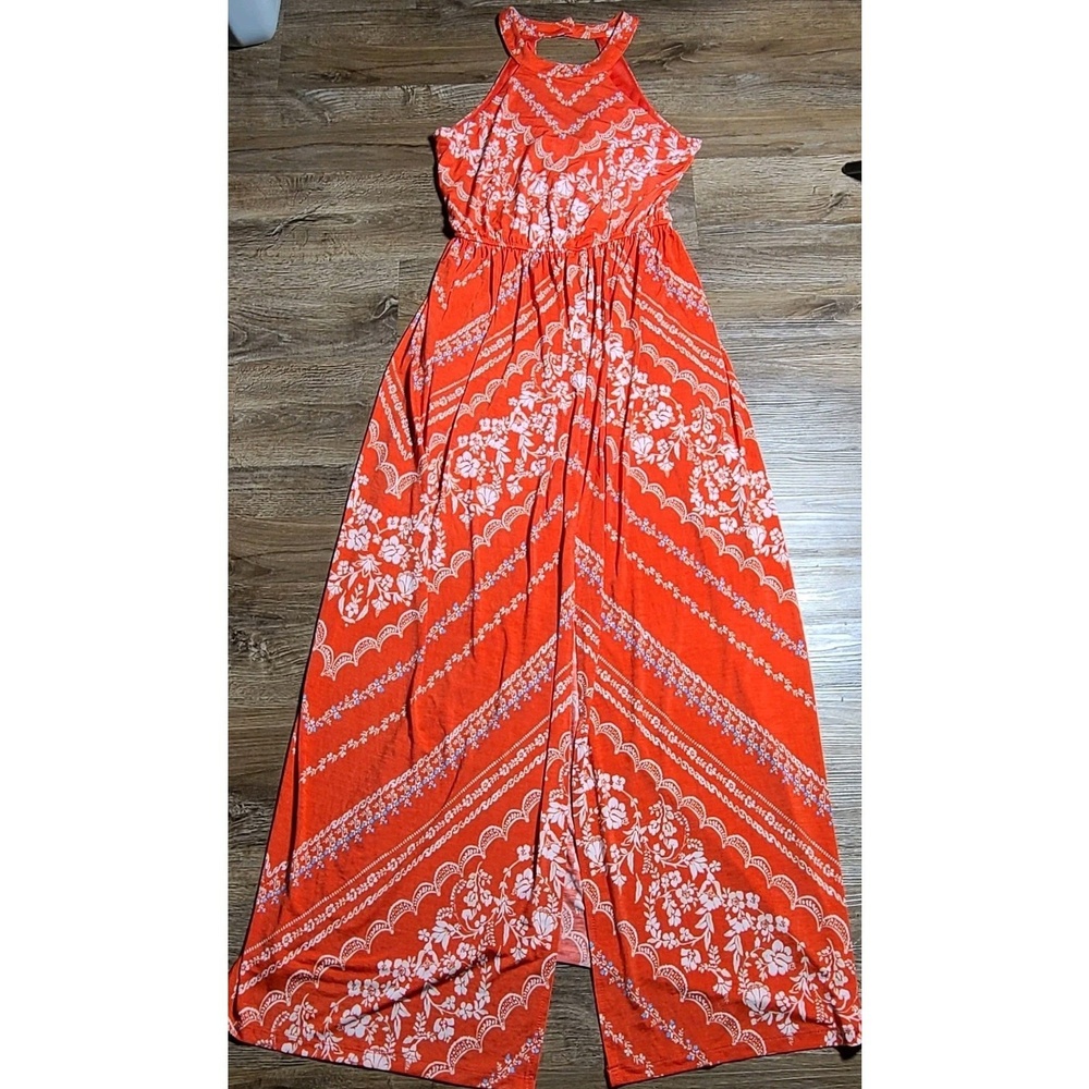 Three Pink Hearts XS Red Floral Halter Maxi Dress Boho High Neck Cutout Back...